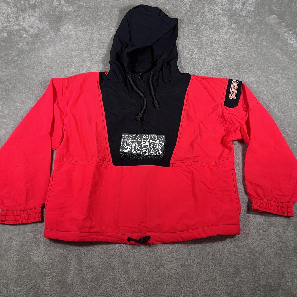 Vintage T&C Surf Jacket Boys Small Red Black Anorak Hooded Half Zip 90s Made USA